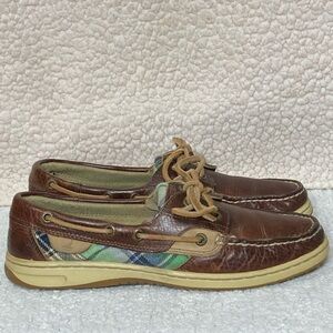 Sperry Top-Sider Womens Brown Leather Plaid Bluefish 2-Eye Boat Shoes Size US 8M